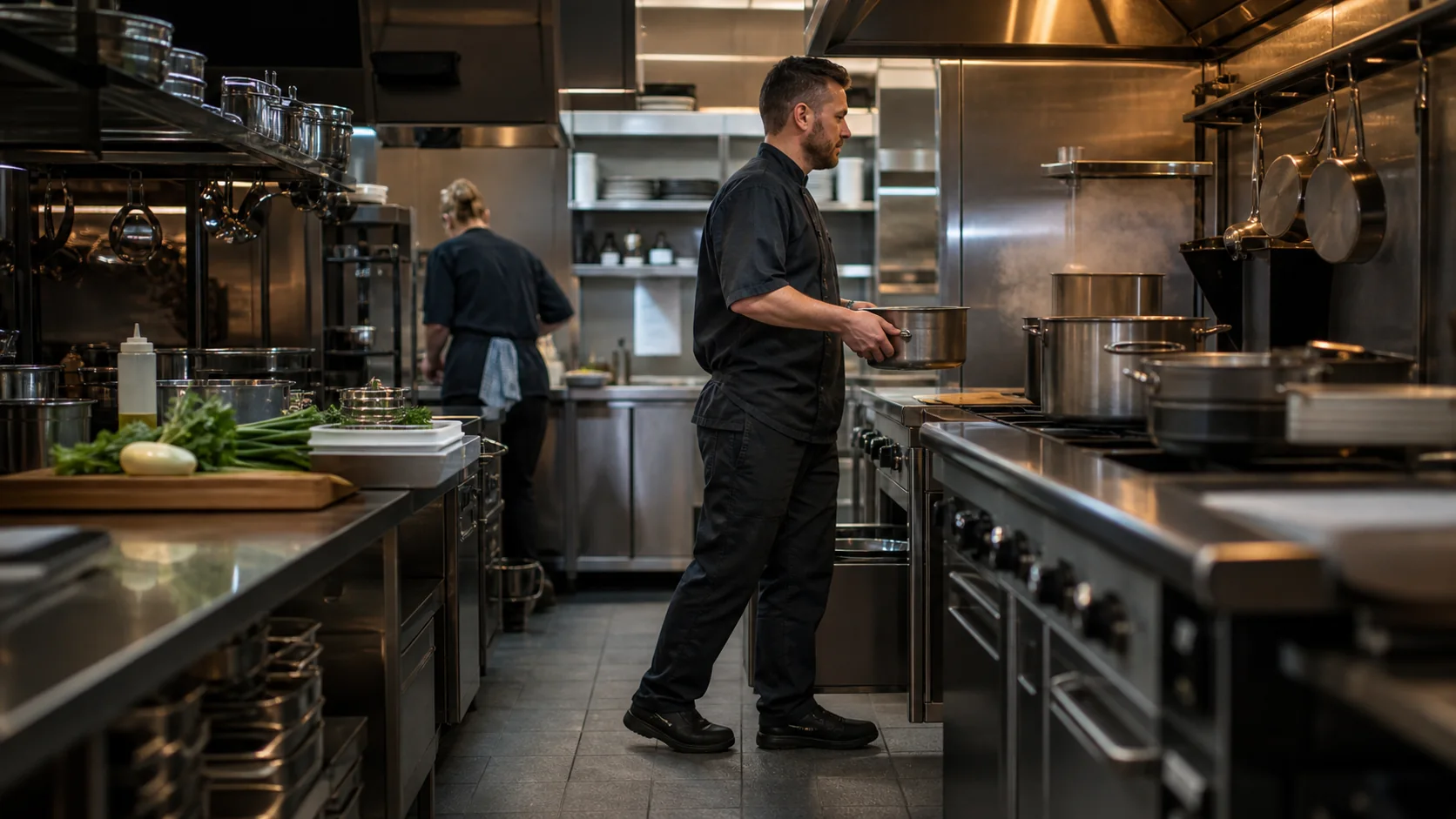 Chef working safely with a large pot in a professional Scandinavian restaurant kitchen