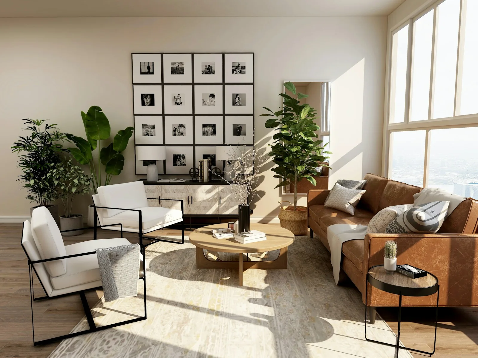 Lyst skandinavisk loungeinteriør med naturmaterialer og nordisk design